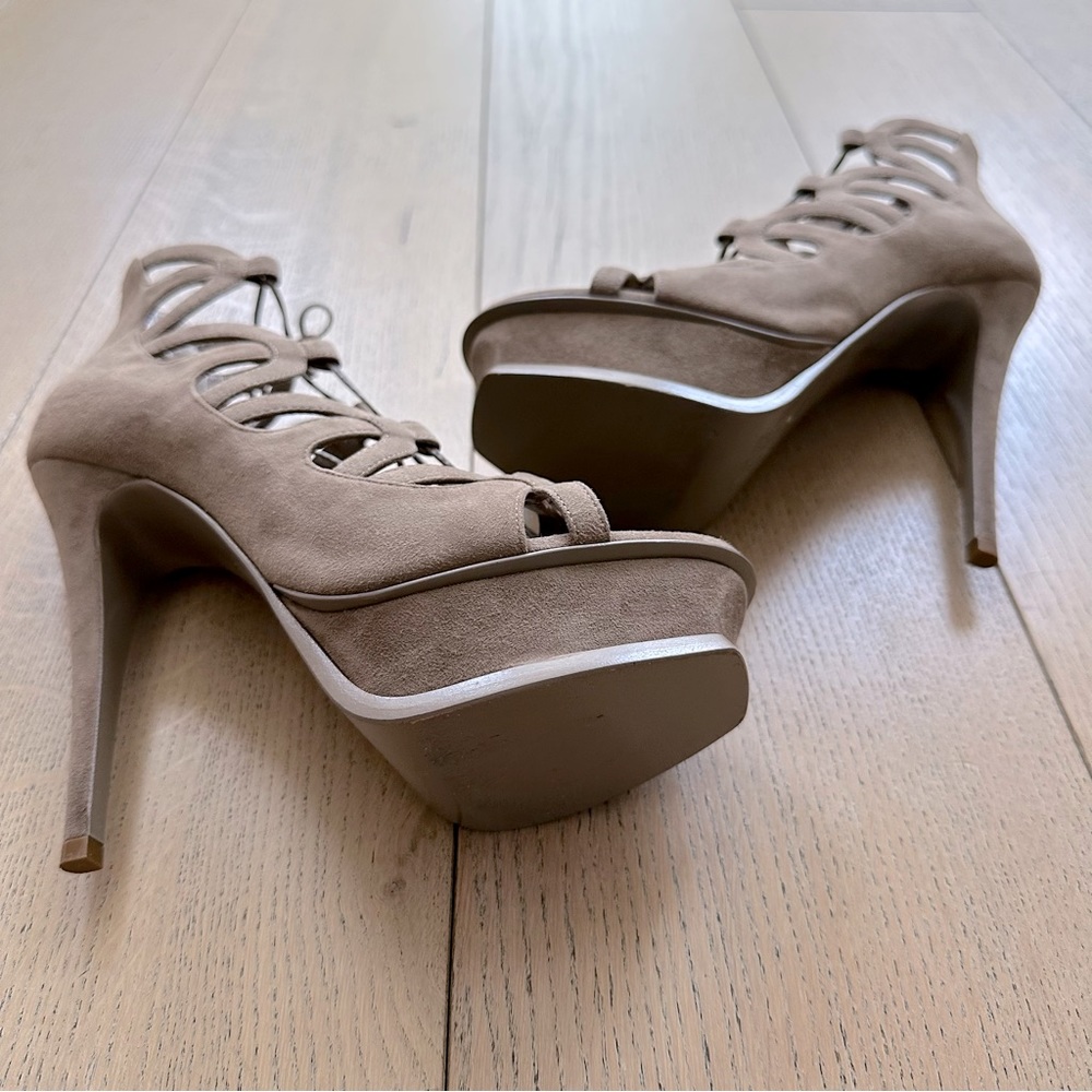 ๐ Saint Laurent Taupe Suede Tribute Ankle Wrap Lace Up Platform Stiletto - Picture 9 of 16